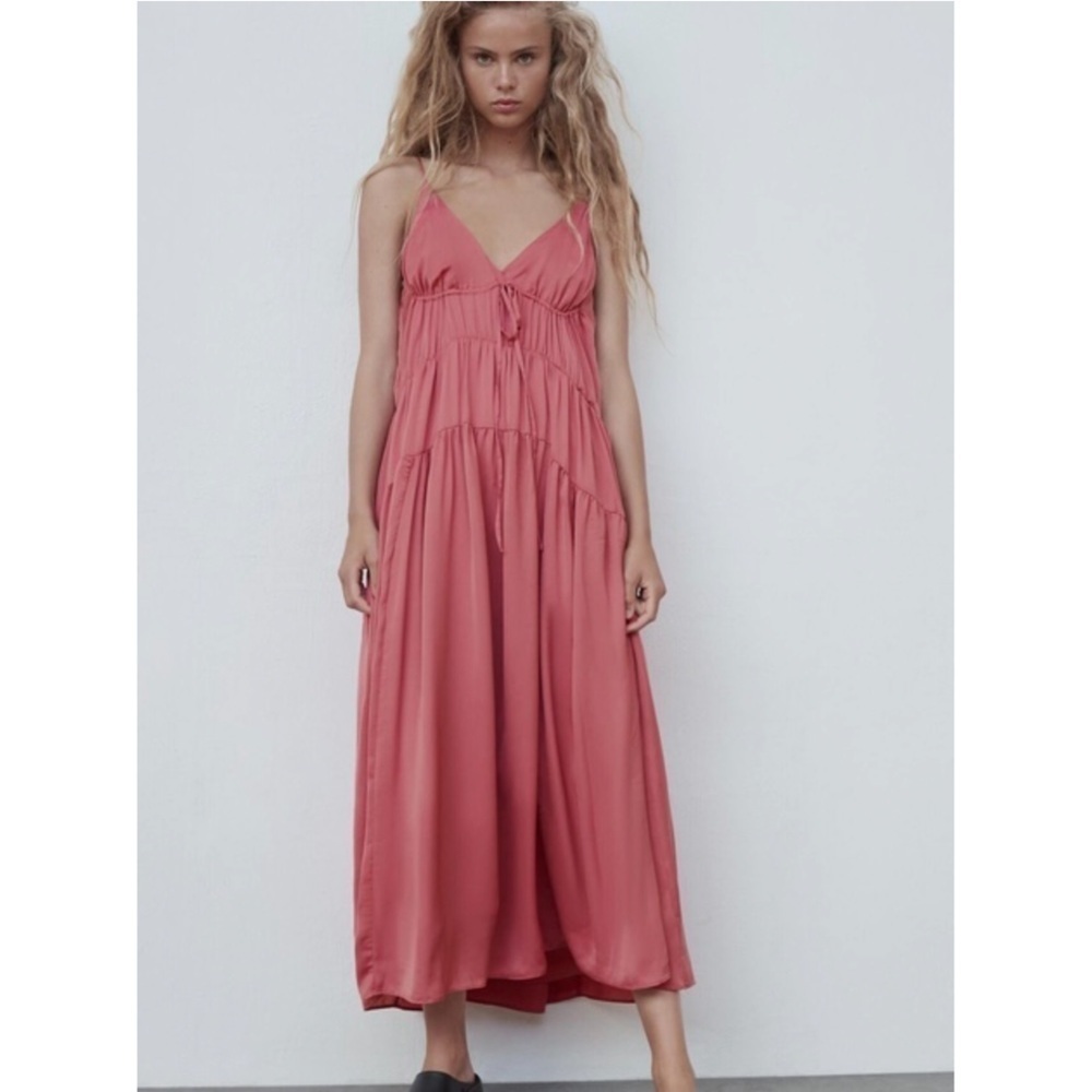 Zara | Satin Tiered Pink Maxi Dress Size XS